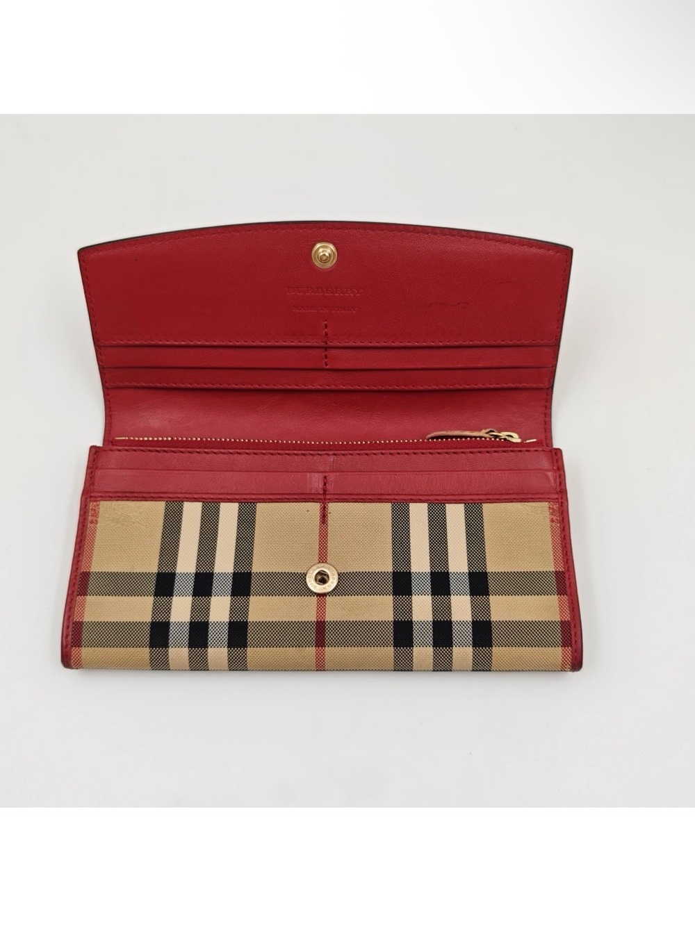 Burberry Red Leather & Classic Beige Check Continental Wallet - Picture 9 of 10